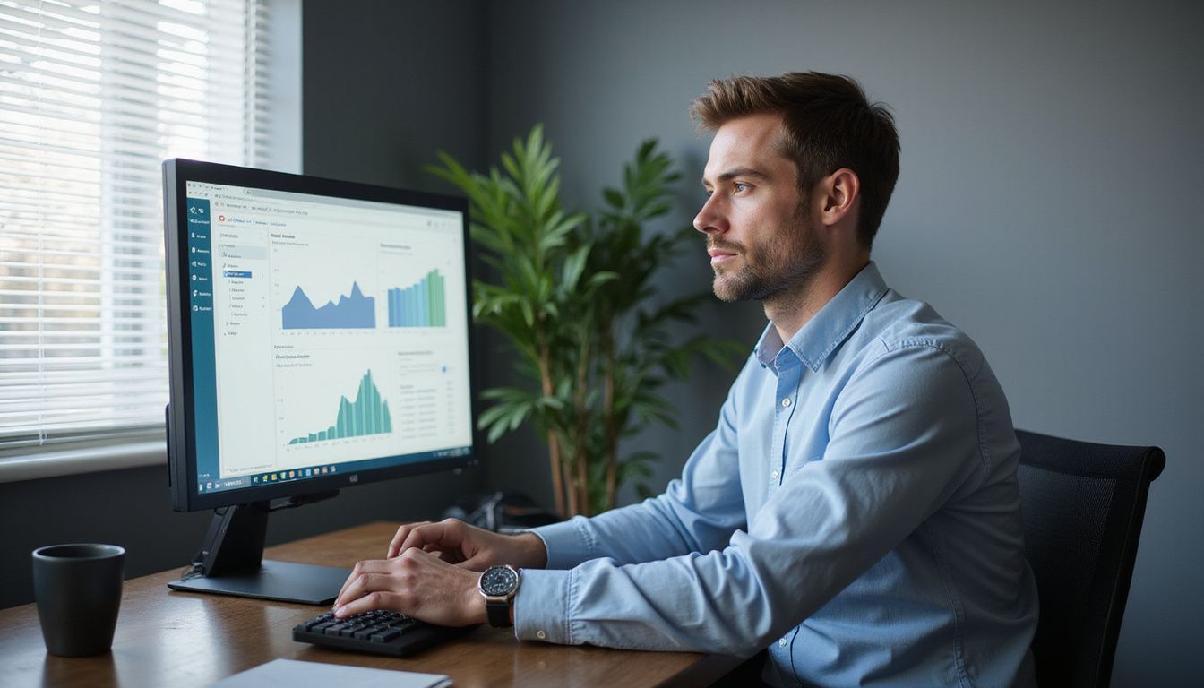 A focused man analyzes data on an office computer.