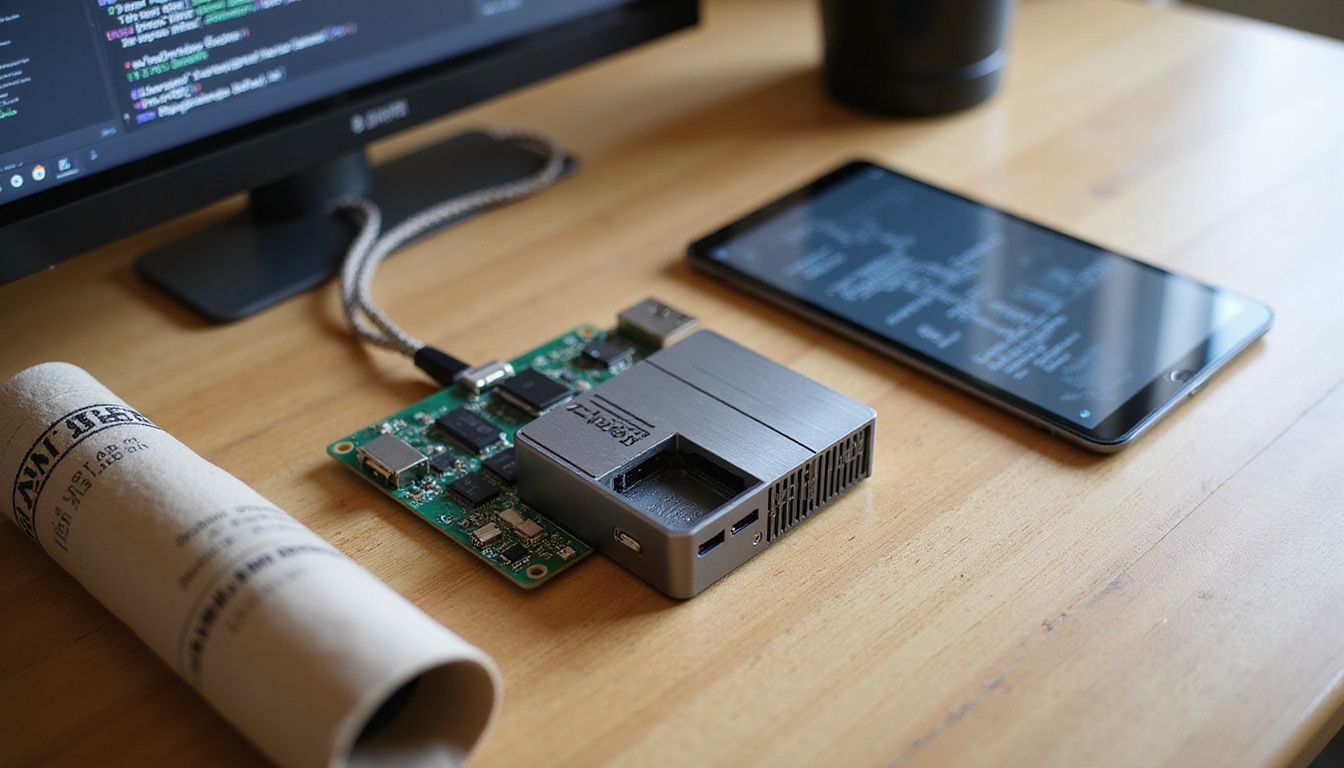 An organized wooden tabletop features advanced AI hardware and blueprints.