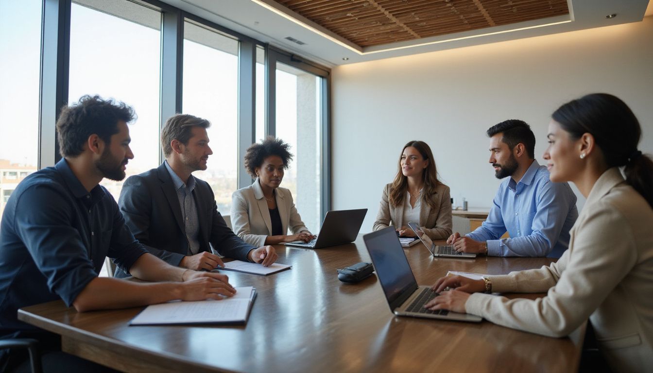 A diverse group collaborates on AI vendor proposals in a modern conference room.