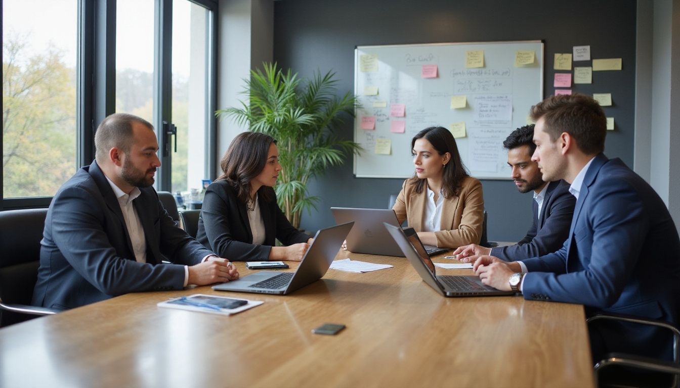 Professionals collaborate intensely on AI audit trails in a modern office.