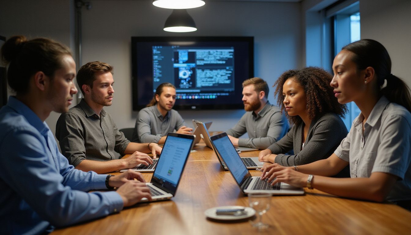 A diverse group collaborates on AI bias detection in a modern office.