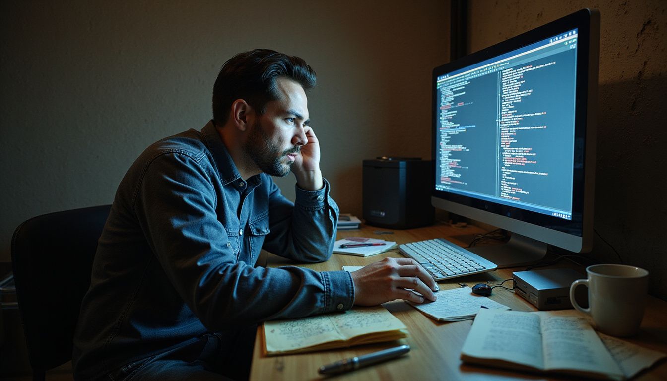 An engineer struggles with error messages at a cluttered desk.