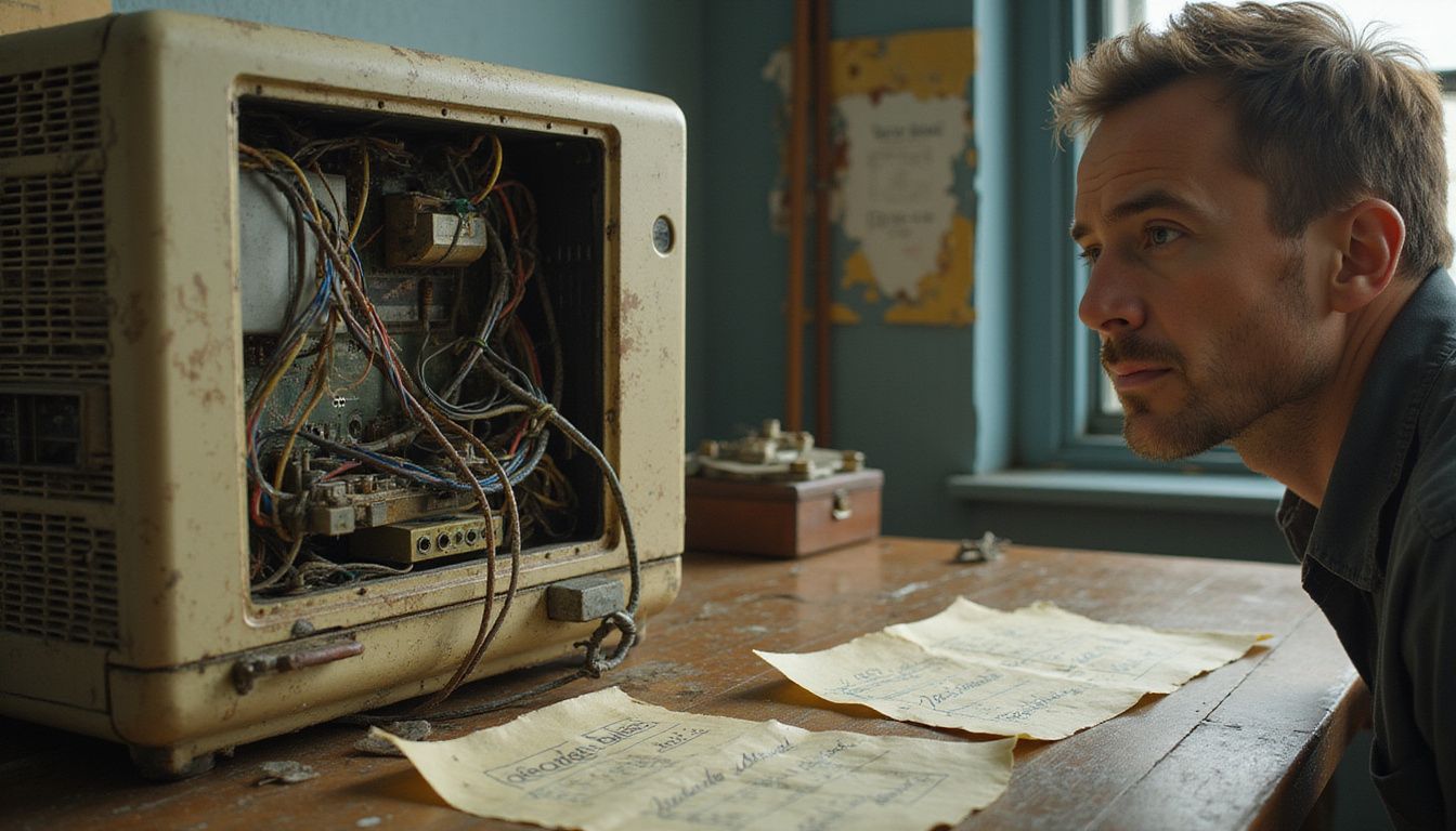 A worn computer tower amidst clutter reflects the struggle of modern challenges.