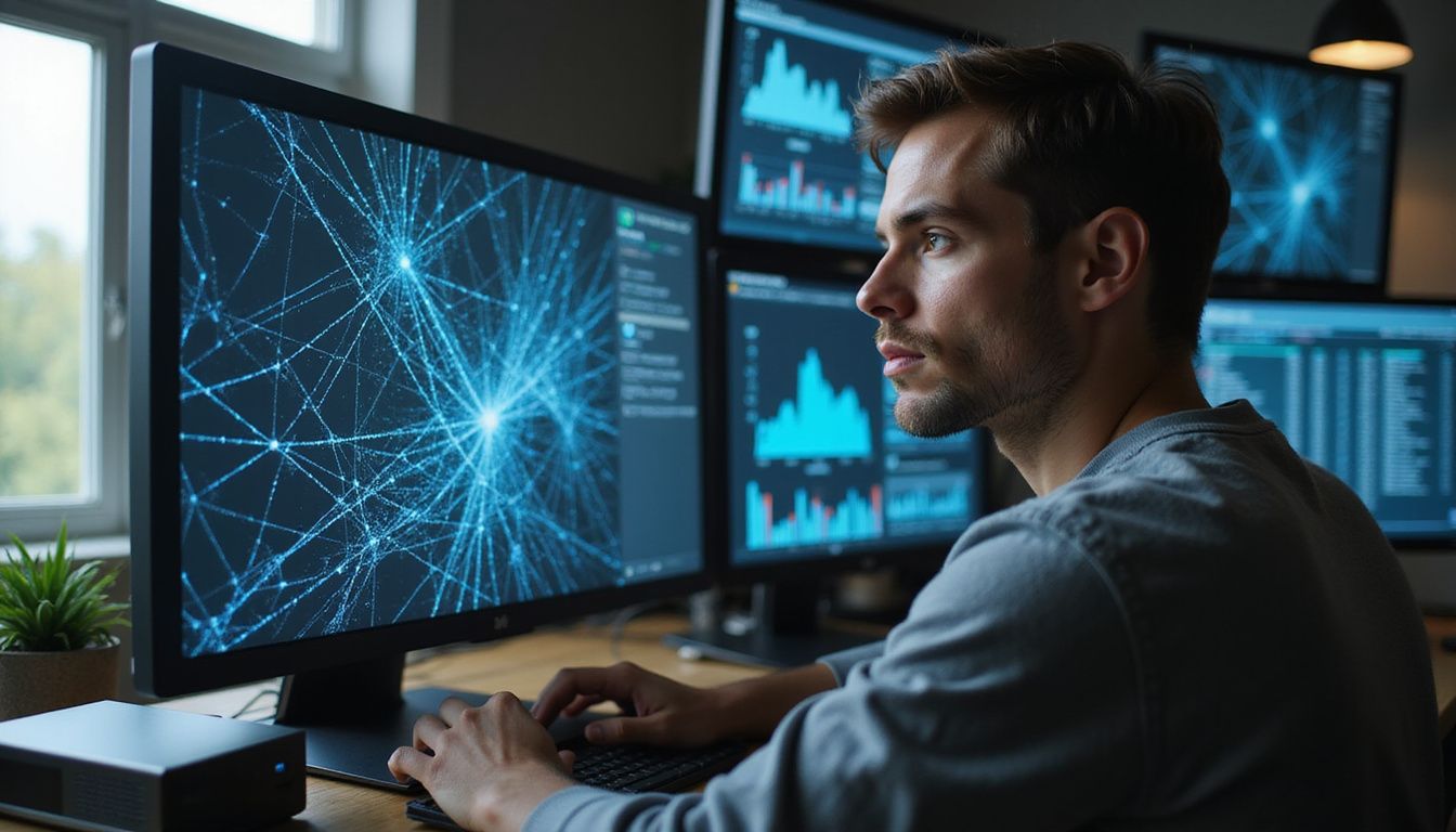 A focused individual studies a detailed digital map of AI audit trails.