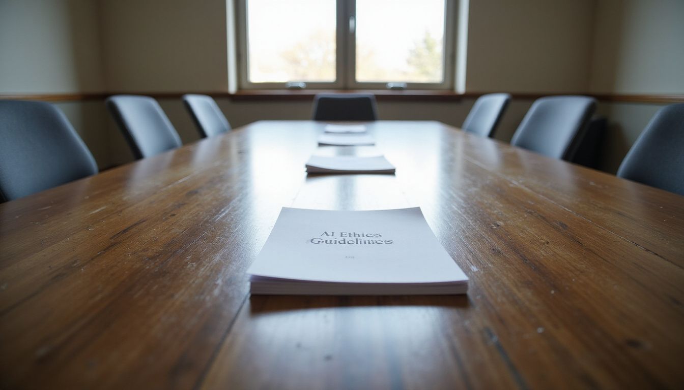 A serene conference room features a polished table and empty chairs.