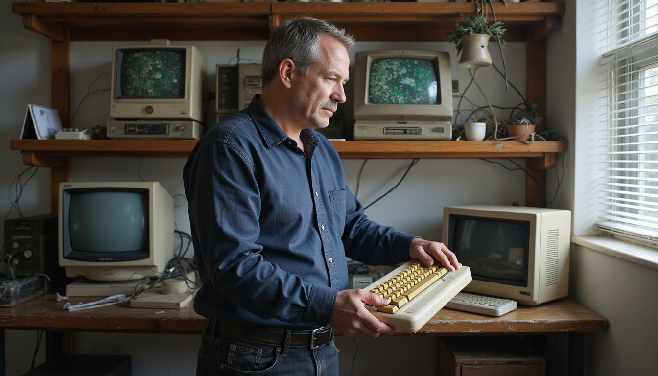 A middle-aged man examines an aged computer keyboard in a cluttered office.