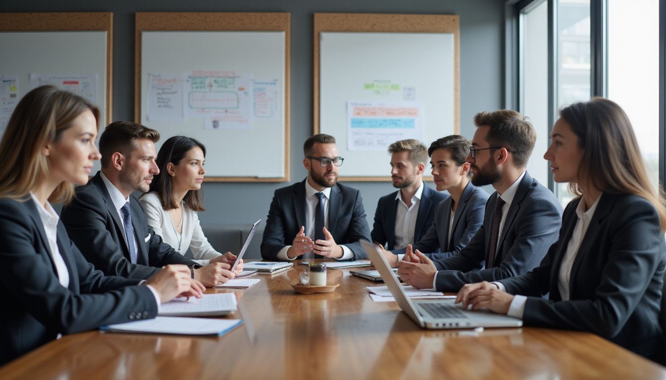 Business professionals collaborate on an AI governance framework at a conference table.