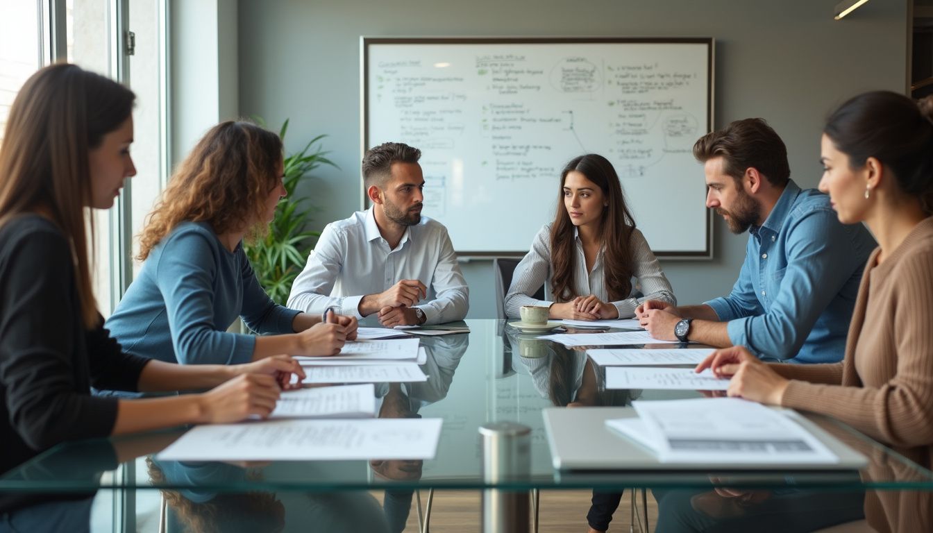 A diverse group discusses AI decision-making in a modern conference room.