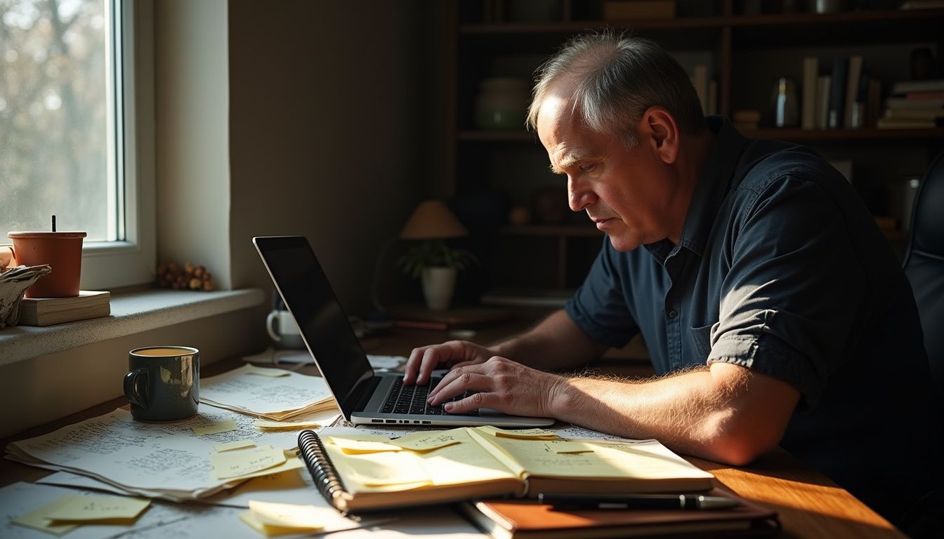 A focused individual works at a cluttered desk on cybersecurity.