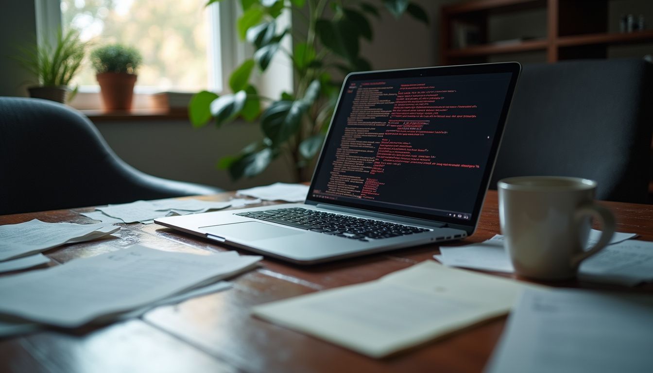 A chaotic office desk reflects frustration from a failed AI project.