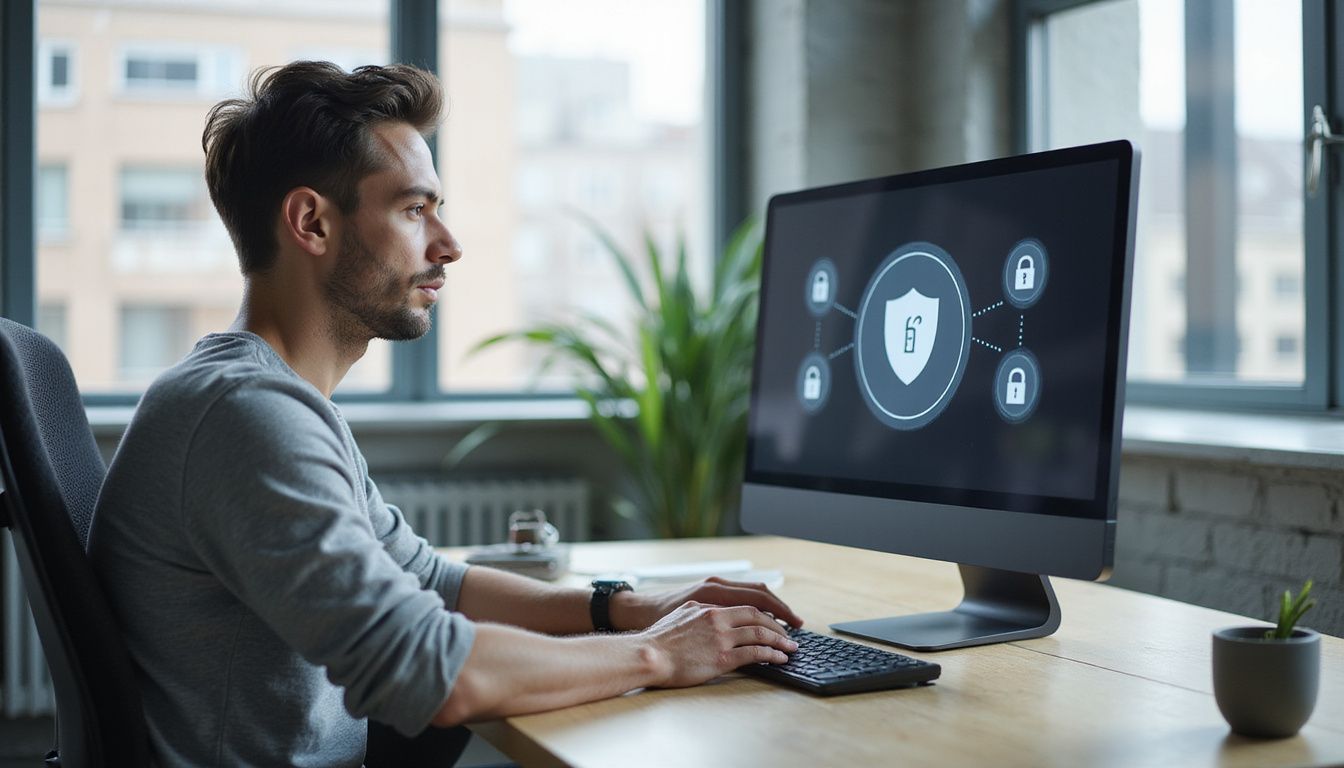A focused individual engages with a digital security system at work.