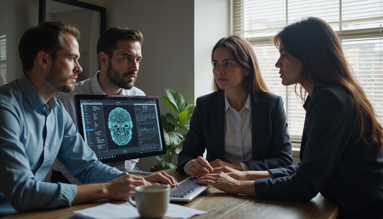 Business professionals analyze AI algorithms together at a desktop computer.