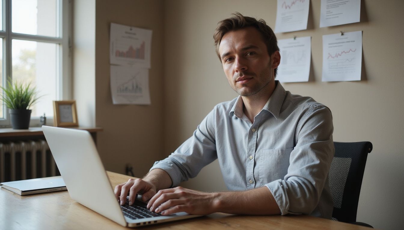 An IT professional focuses on work at a rustic wooden desk.