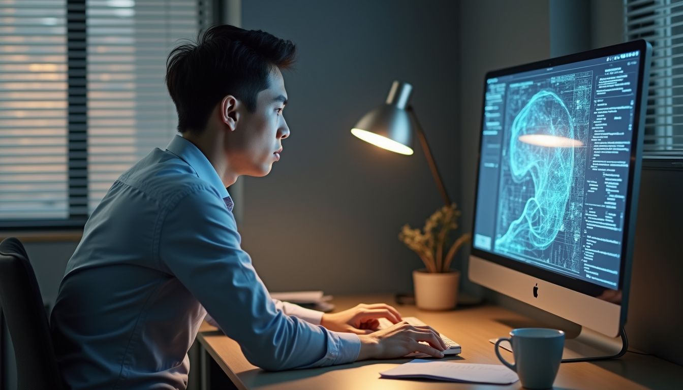 A focused man works intently at a modern office desk.