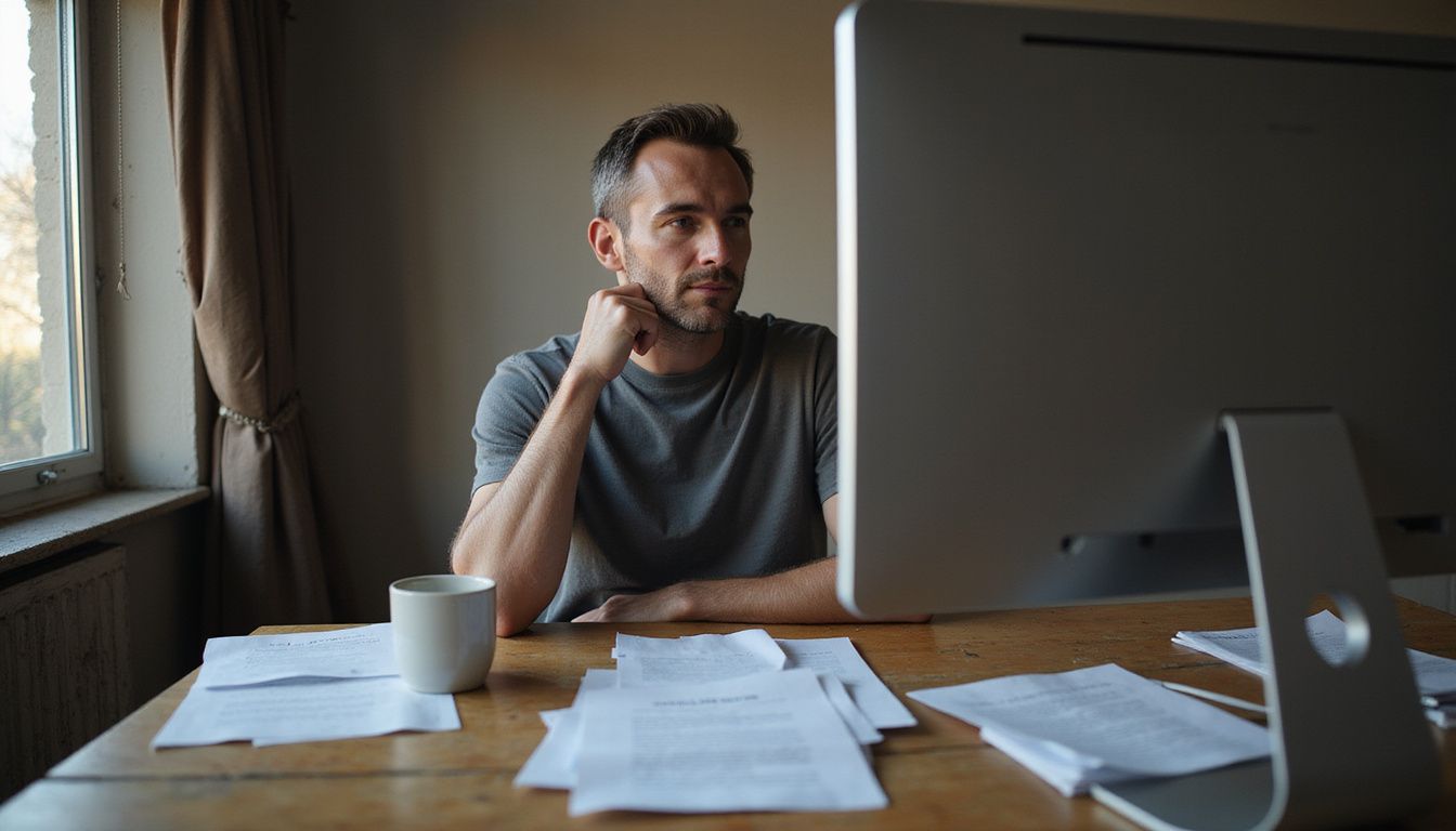 A focused man works at a cluttered desk on compliance planning.