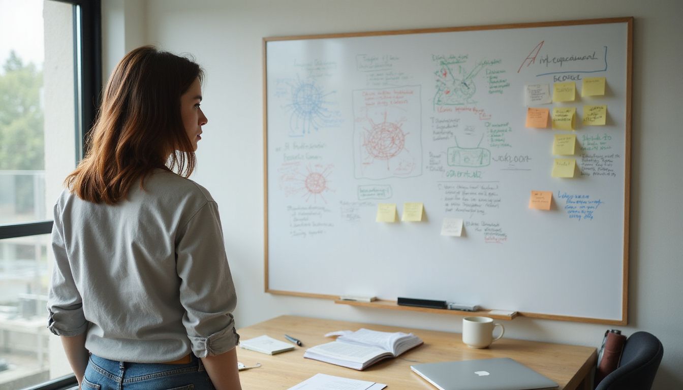 A focused woman analyzes complex AI diagrams on a whiteboard.