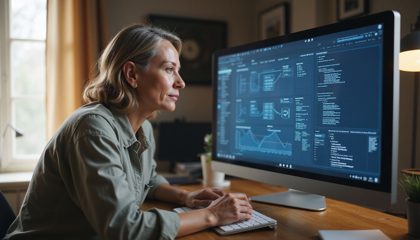 A middle-aged woman studies AI algorithms at her wooden desk.