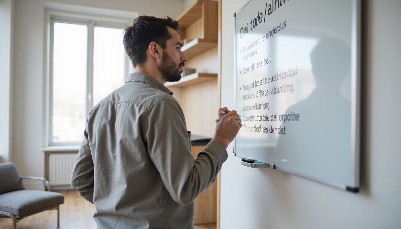 A person writes AI project objectives on a modern office whiteboard.