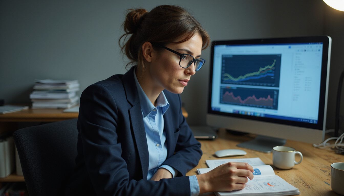 A concerned woman in a blazer analyzes data on a computer.