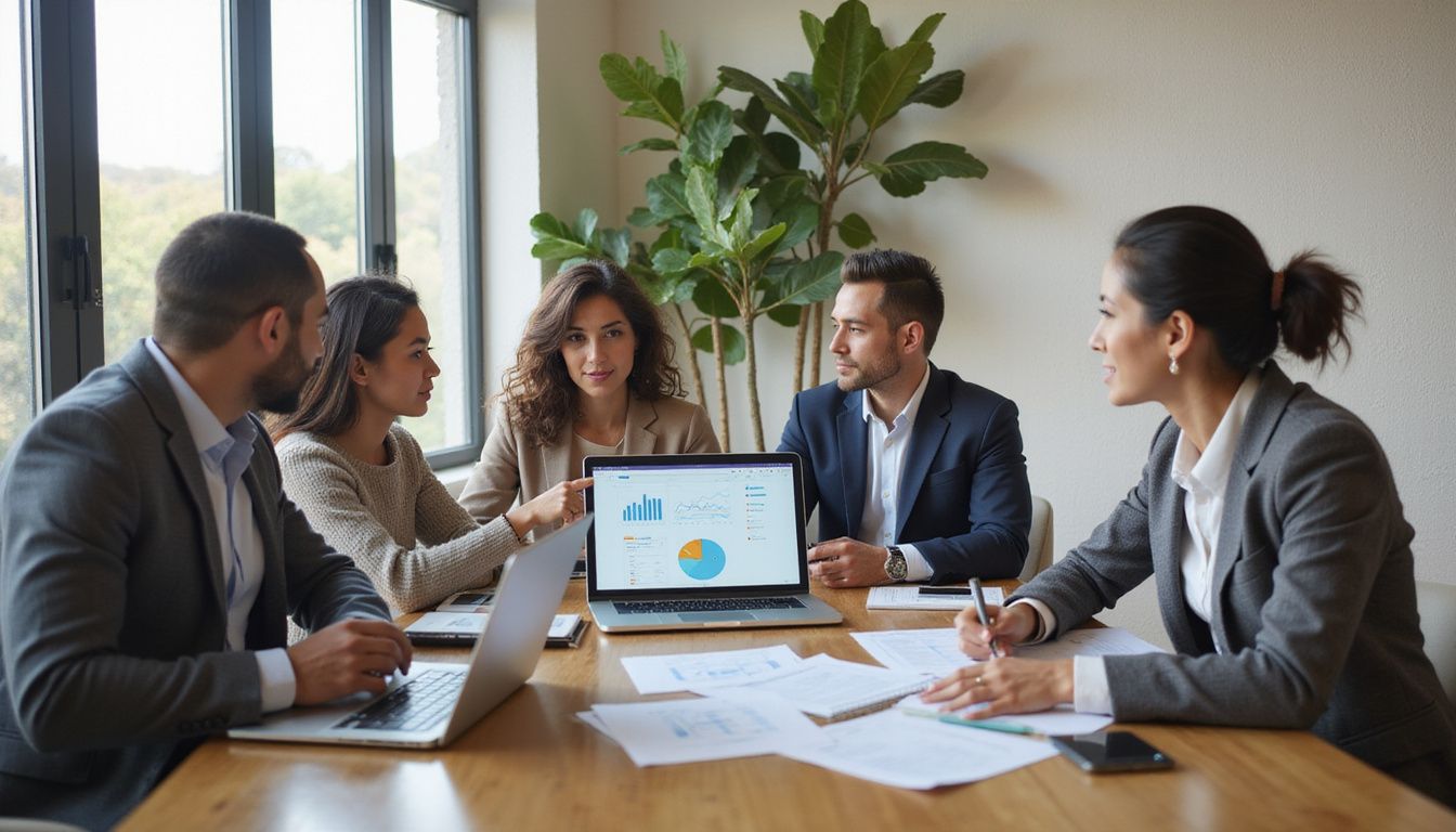 A diverse team collaborates on AI regulatory compliance around a conference table.