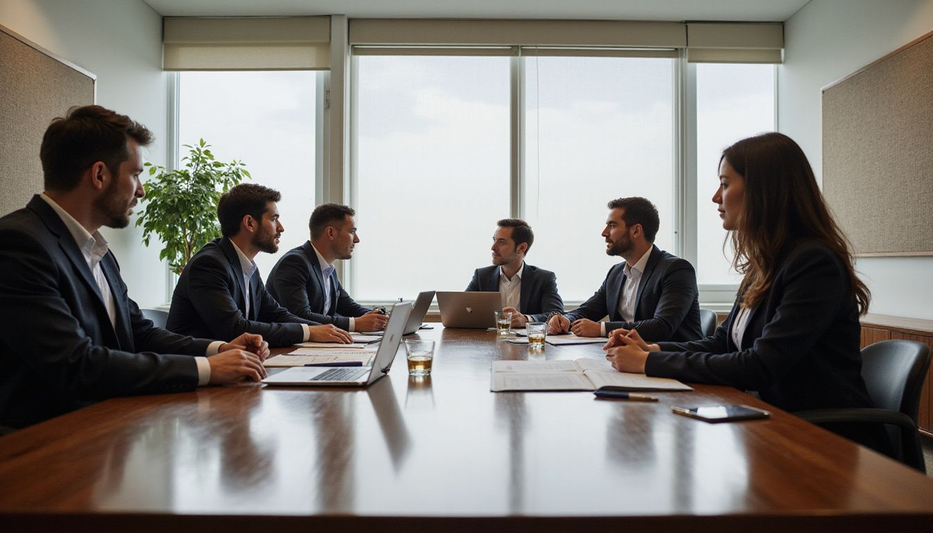 A corporate meeting with employees discussing AI change management strategies.