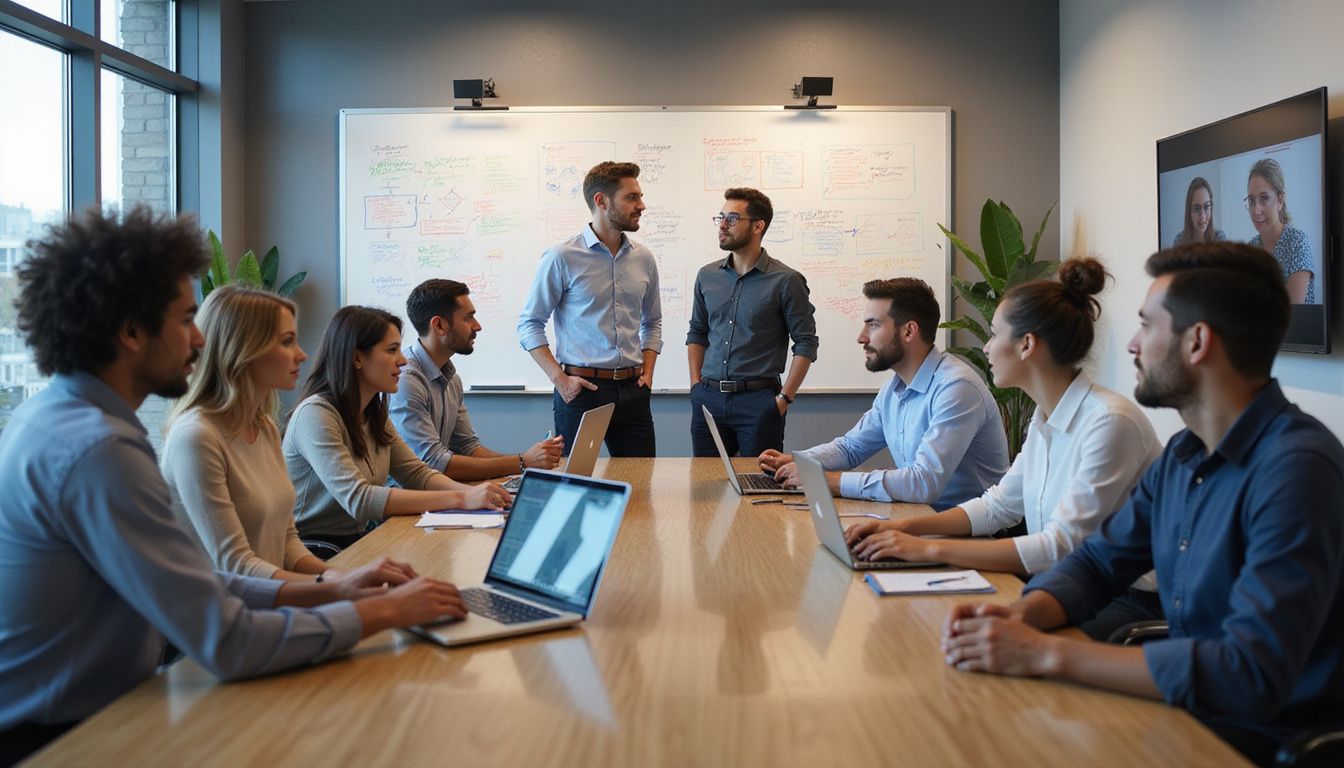A diverse team collaborates in a modern office setting.