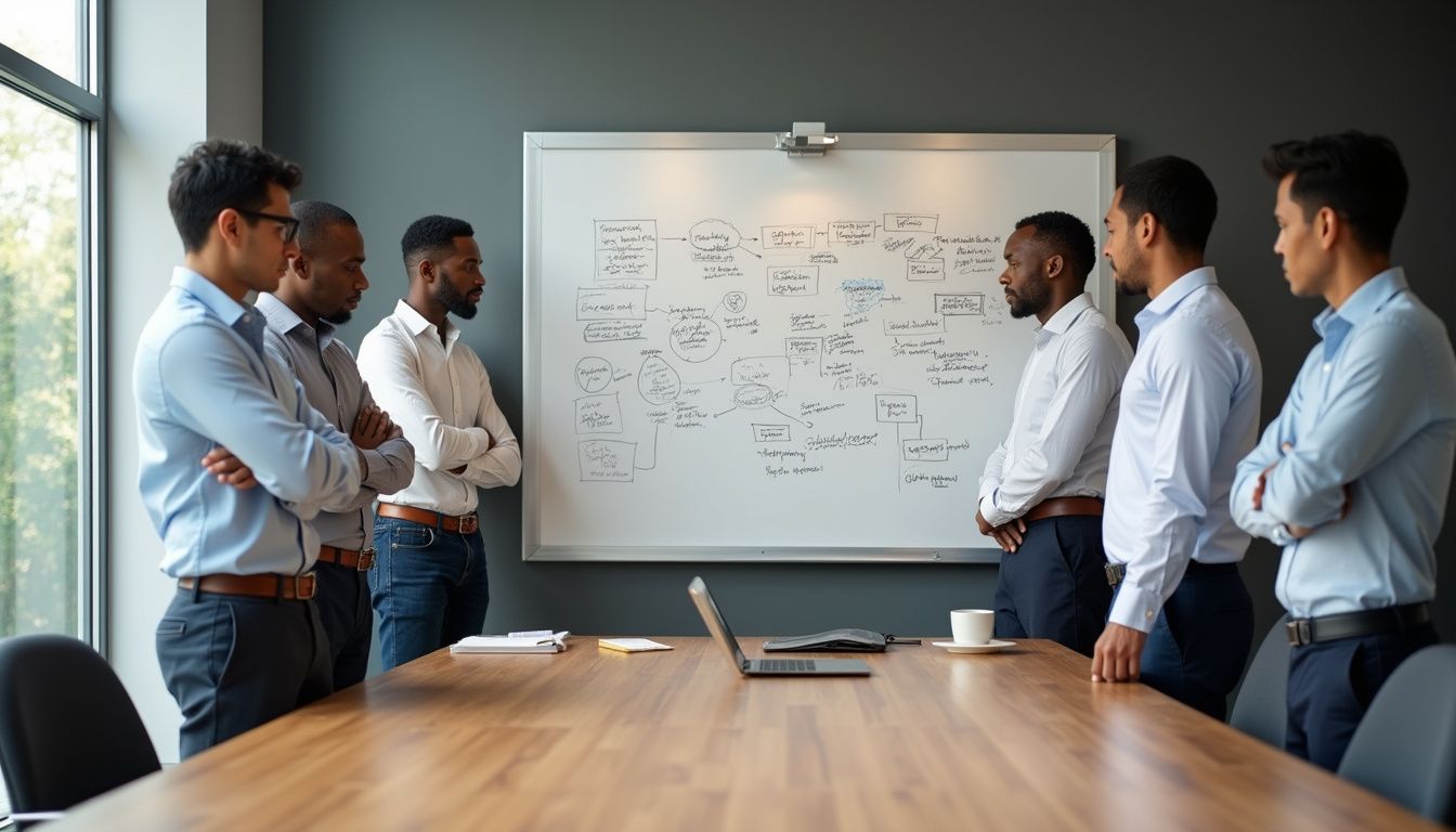 A diverse group discusses AI concepts in a modern conference room.