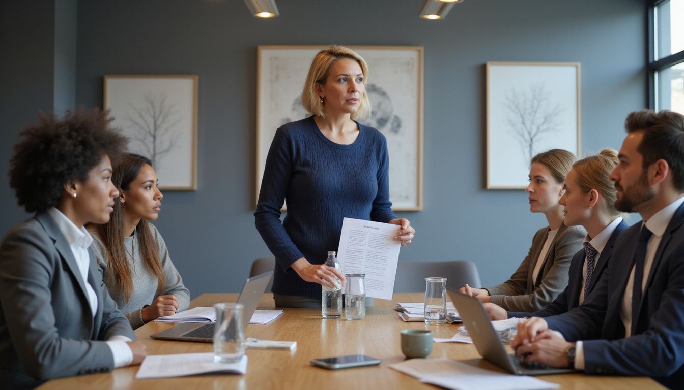A confident woman leads a diverse team in an AI training discussion.