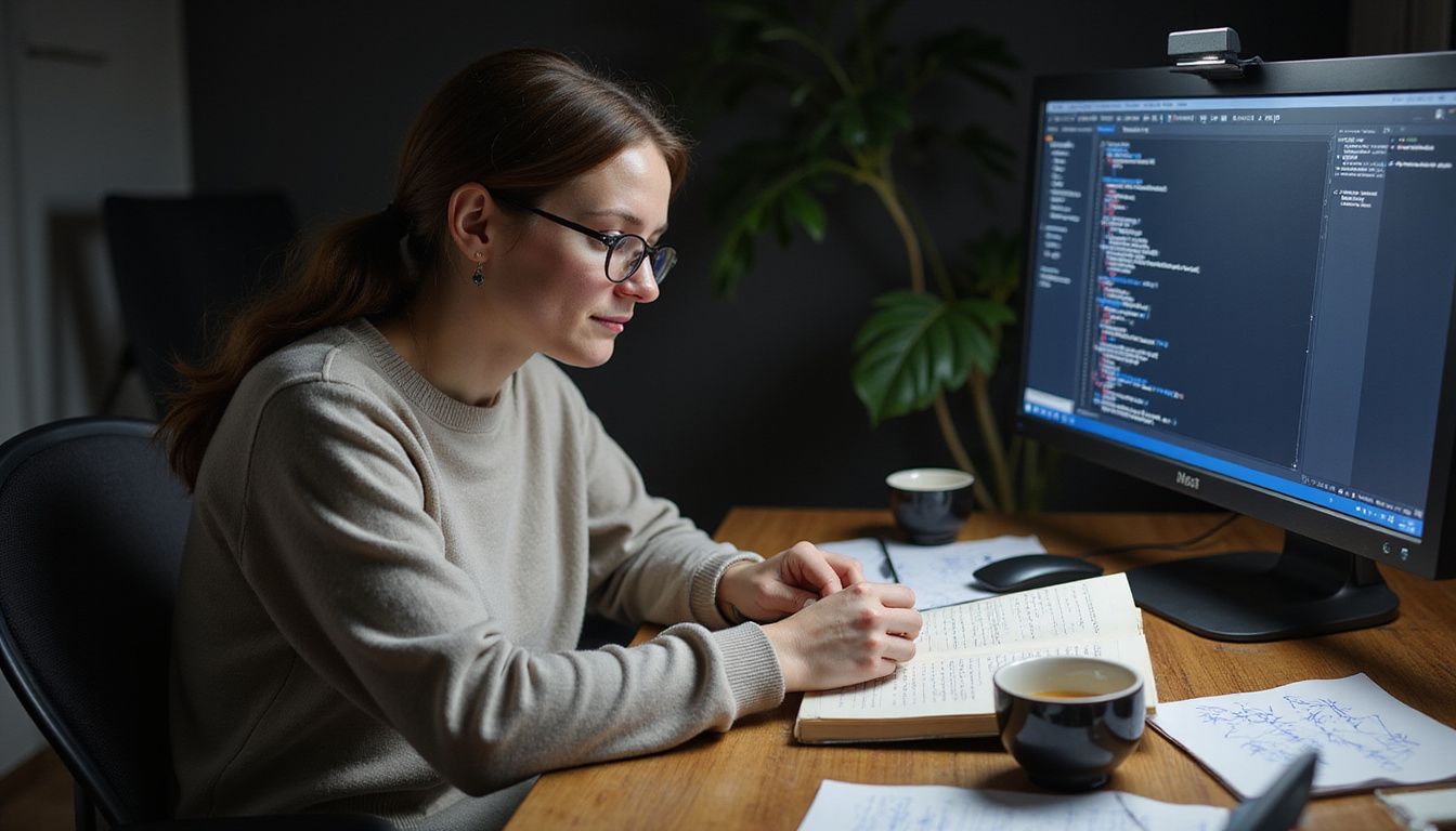 A woman studies intently at a cluttered wooden desk.