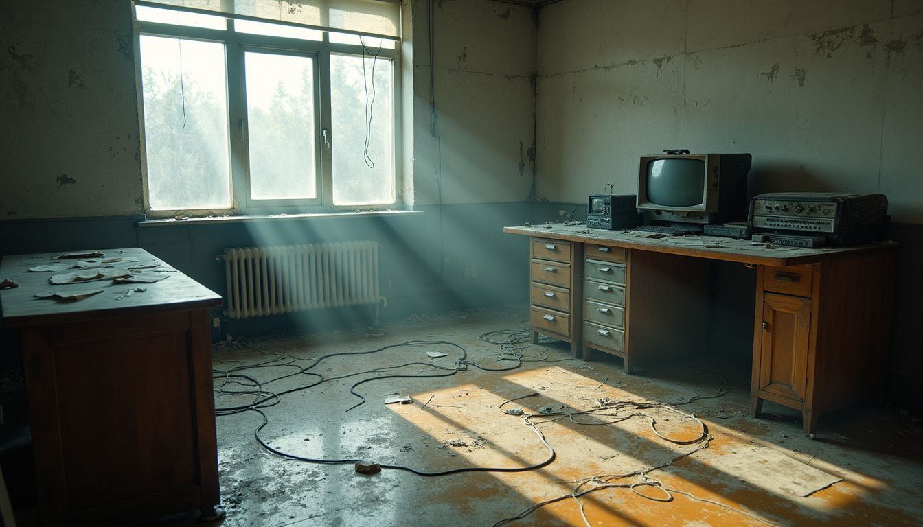 An abandoned office filled with outdated technology and neglect.