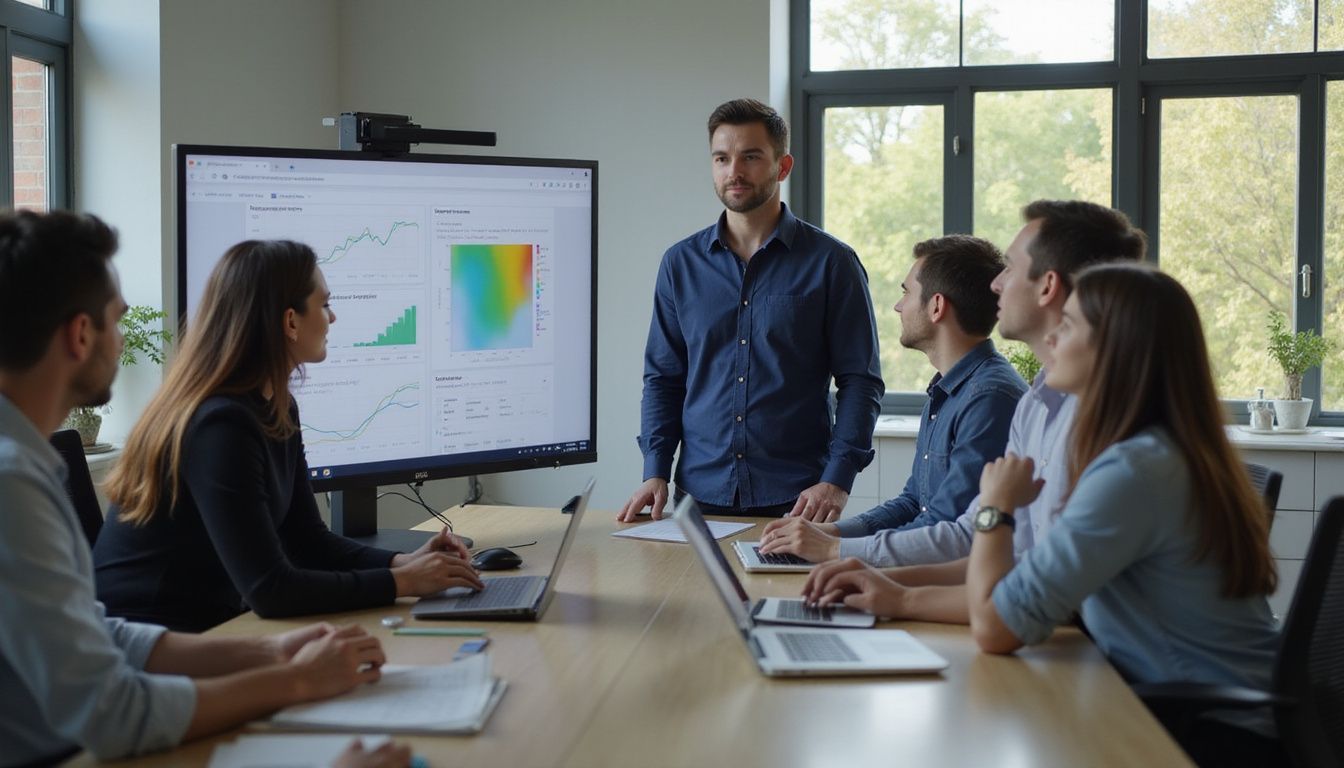 A man presents an AI project to engaged colleagues in a modern workspace.