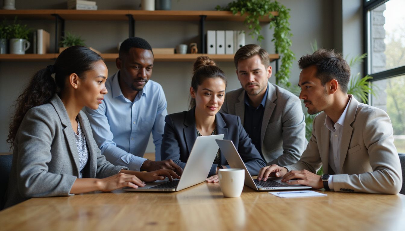 A diverse group of professionals collaborates at a polished conference table.