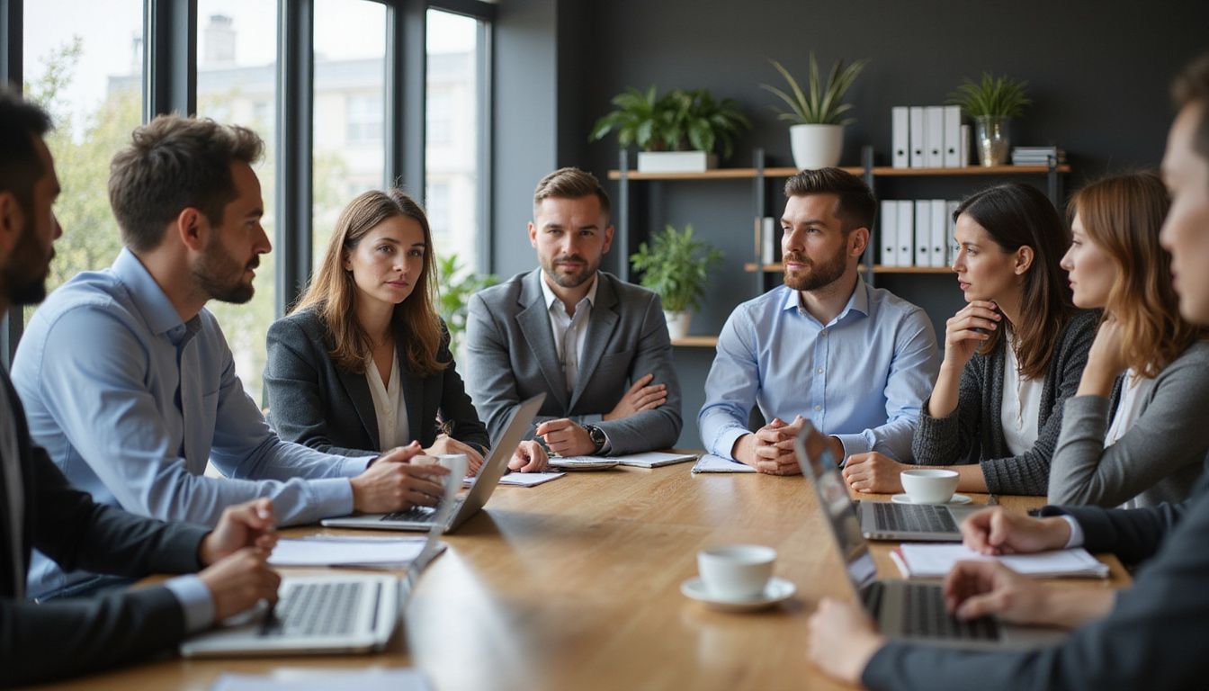 A diverse group of employees collaborates around a conference table.