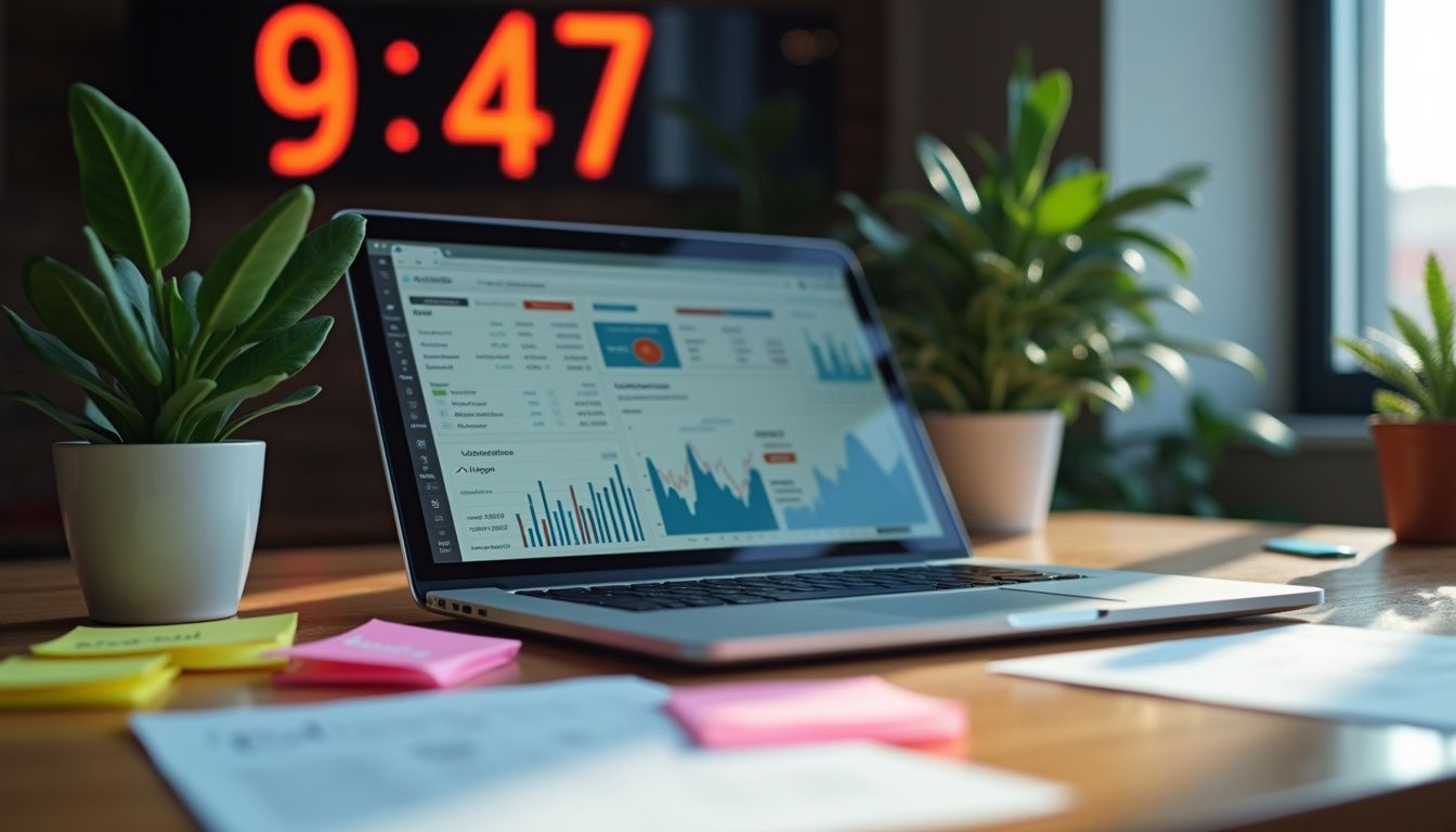 A cluttered desk features a laptop displaying AI performance metrics.