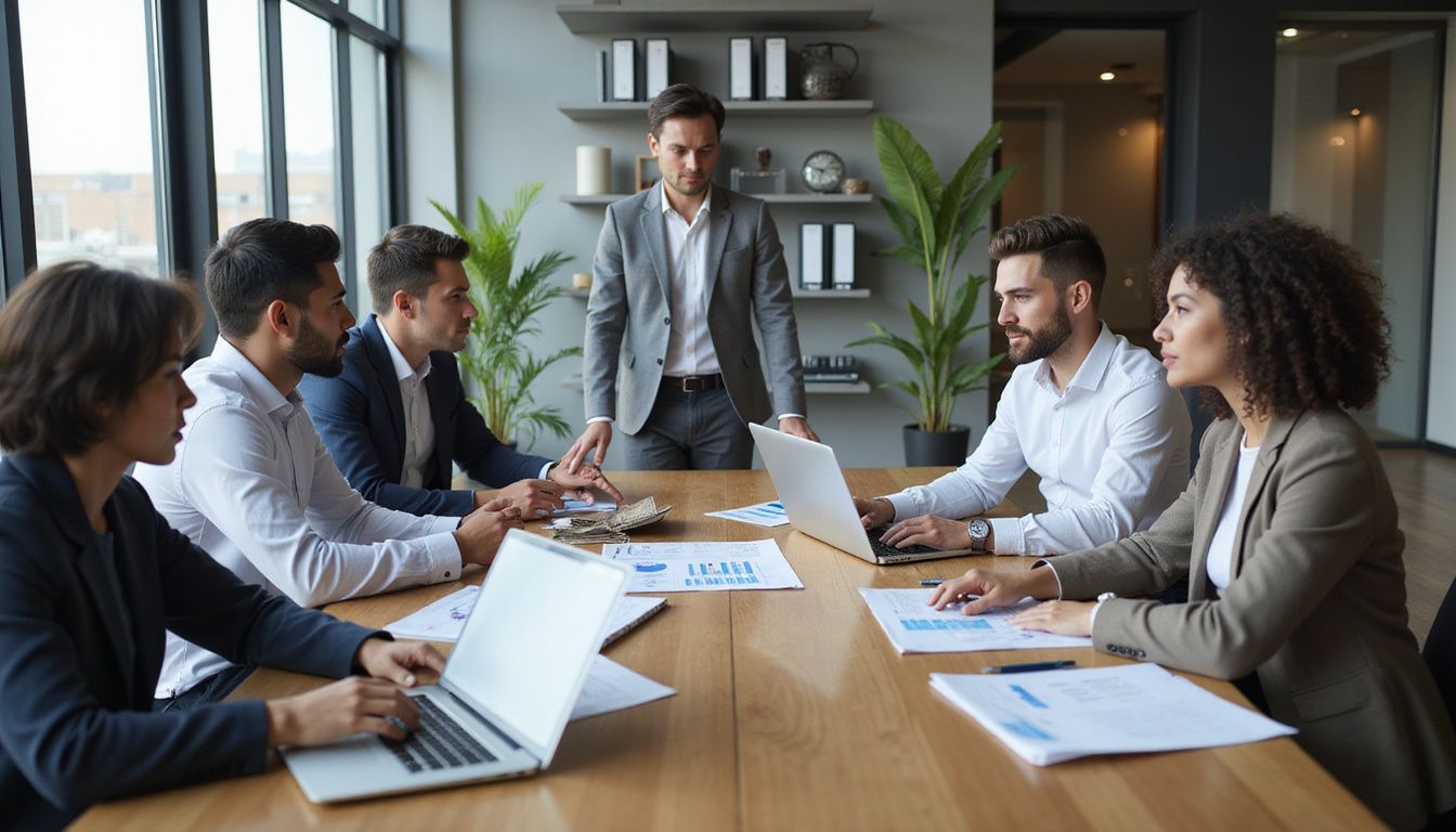 A diverse group of professionals collaborates around a polished conference table.