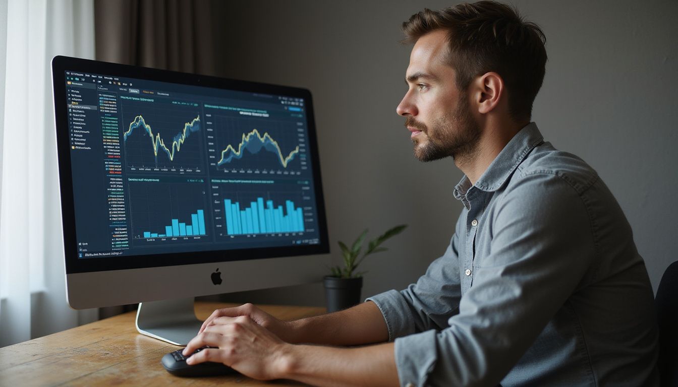 A focused individual analyzes AI data on a sleek computer monitor.