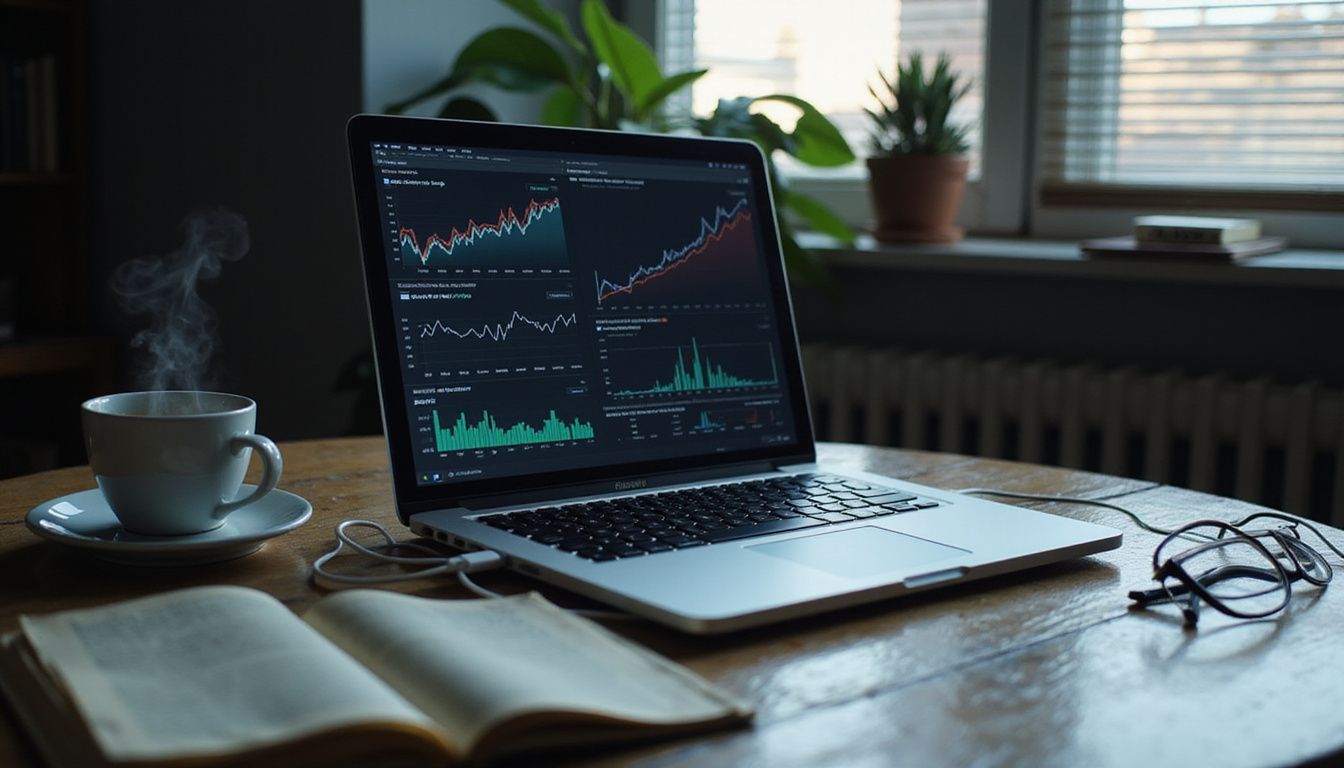 A laptop displays AI performance metrics on a cluttered desk.