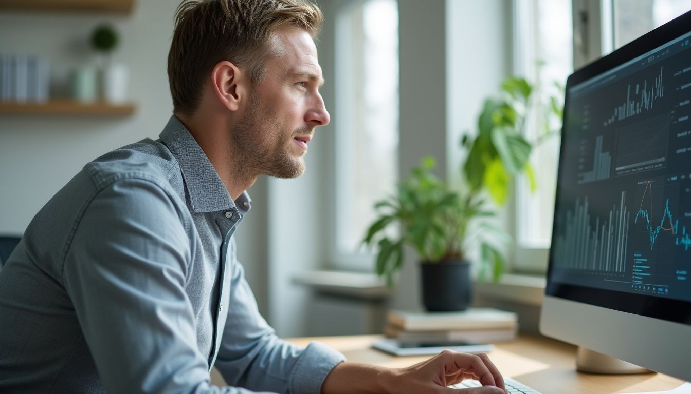 A middle-aged man works intently at a modern office desk.
