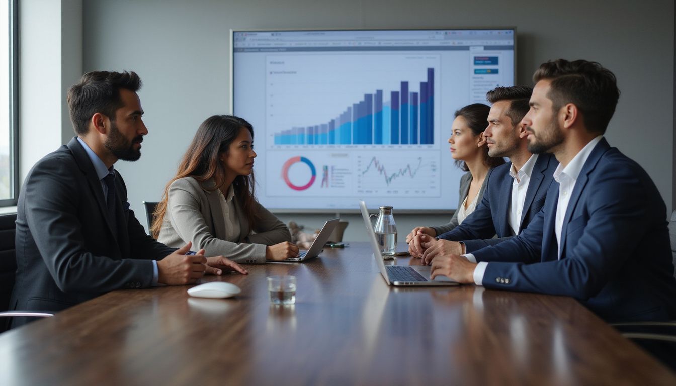 A diverse group of professionals collaborates around a polished conference table.