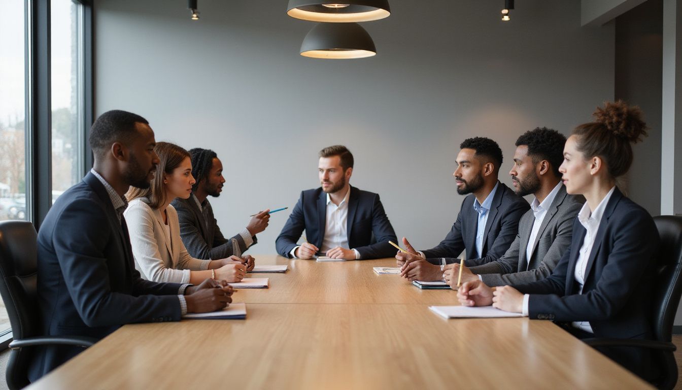 A diverse group of professionals discusses AI ethics in a conference room.