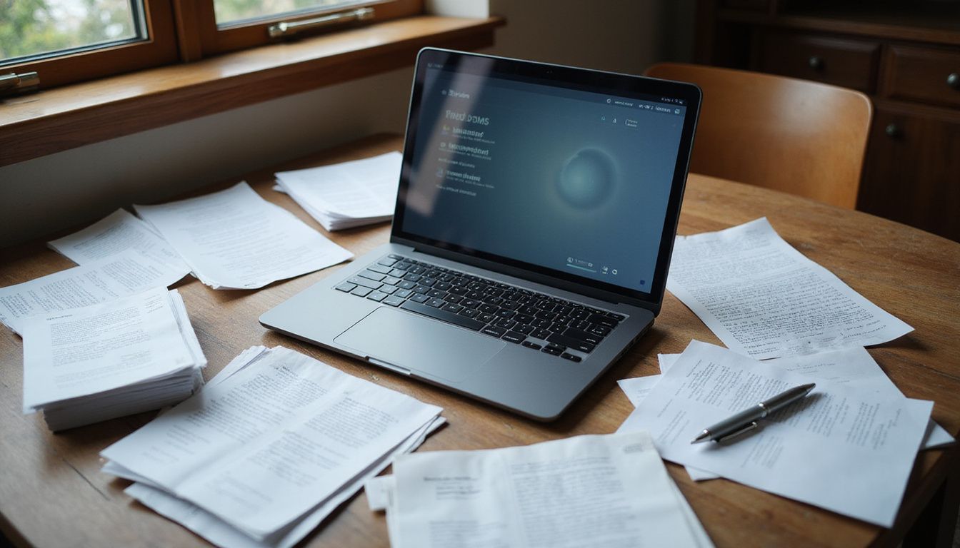 Cluttered wooden desk with an open laptop and scattered papers.