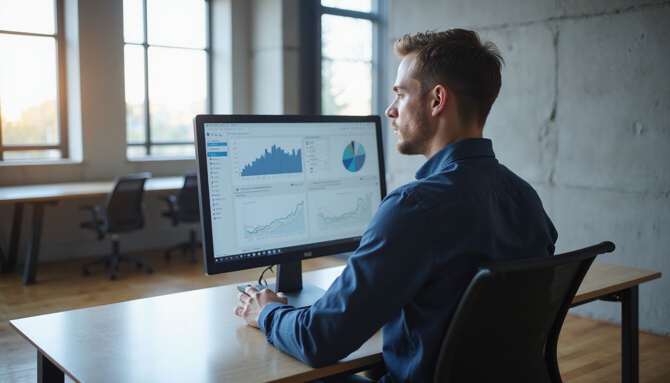 A focused man analyzes AI success metrics at a modern office desk.