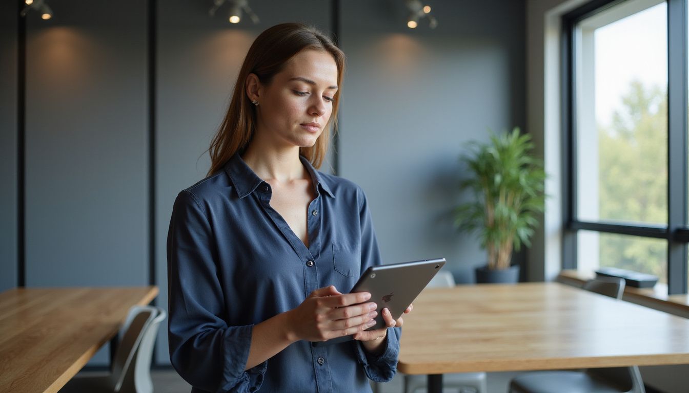 A focused woman analyzes data in a modern office setting.