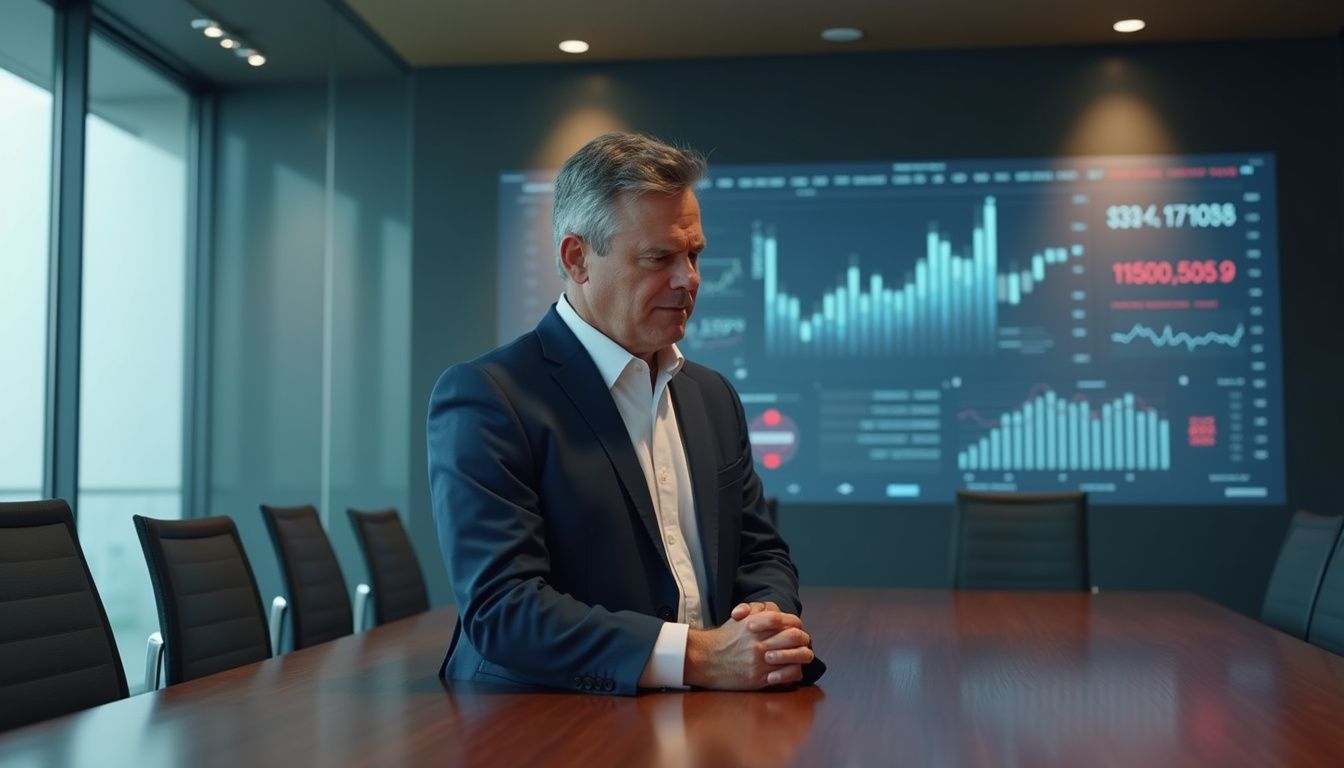 A frustrated middle-aged man analyzes alarming financial data in a boardroom.