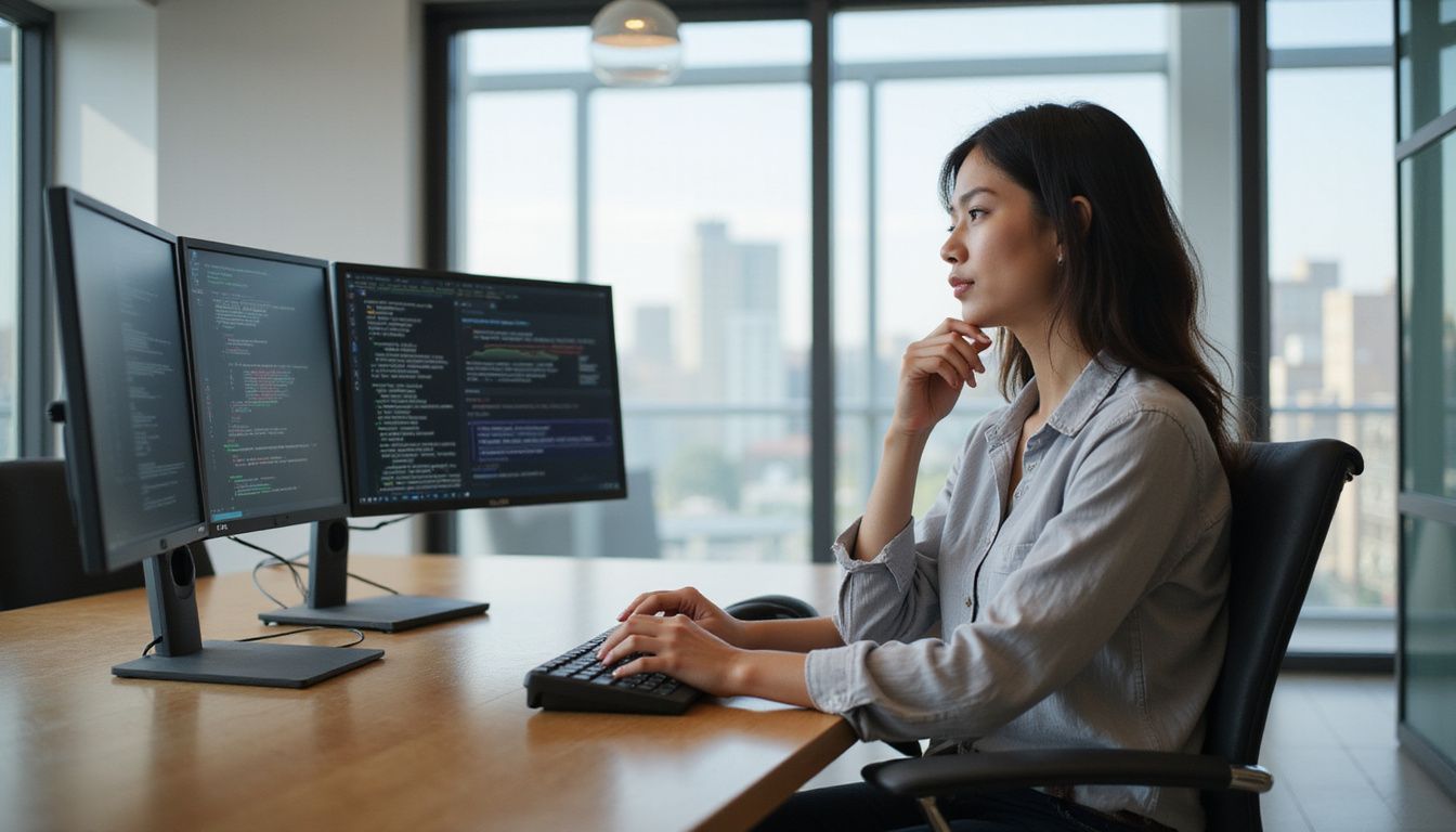 A focused woman works on AI ethical considerations at a sleek desk.