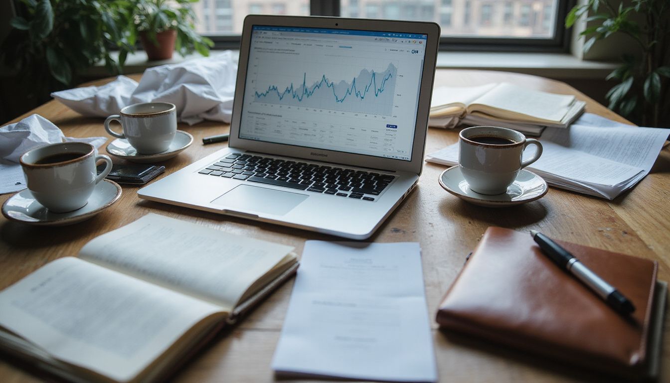 Cluttered office desk showcasing a laptop and marketing materials.
