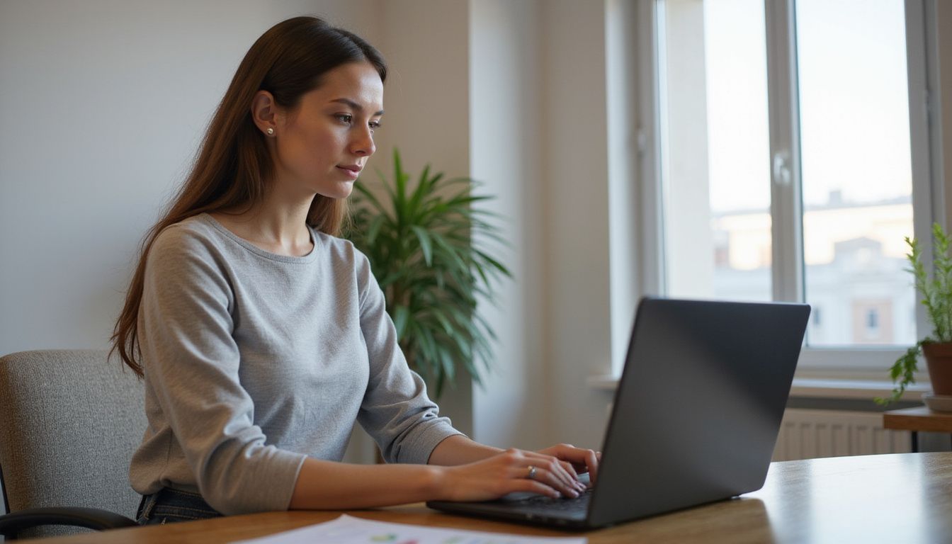 A woman works intently on AI algorithms in a modern office.