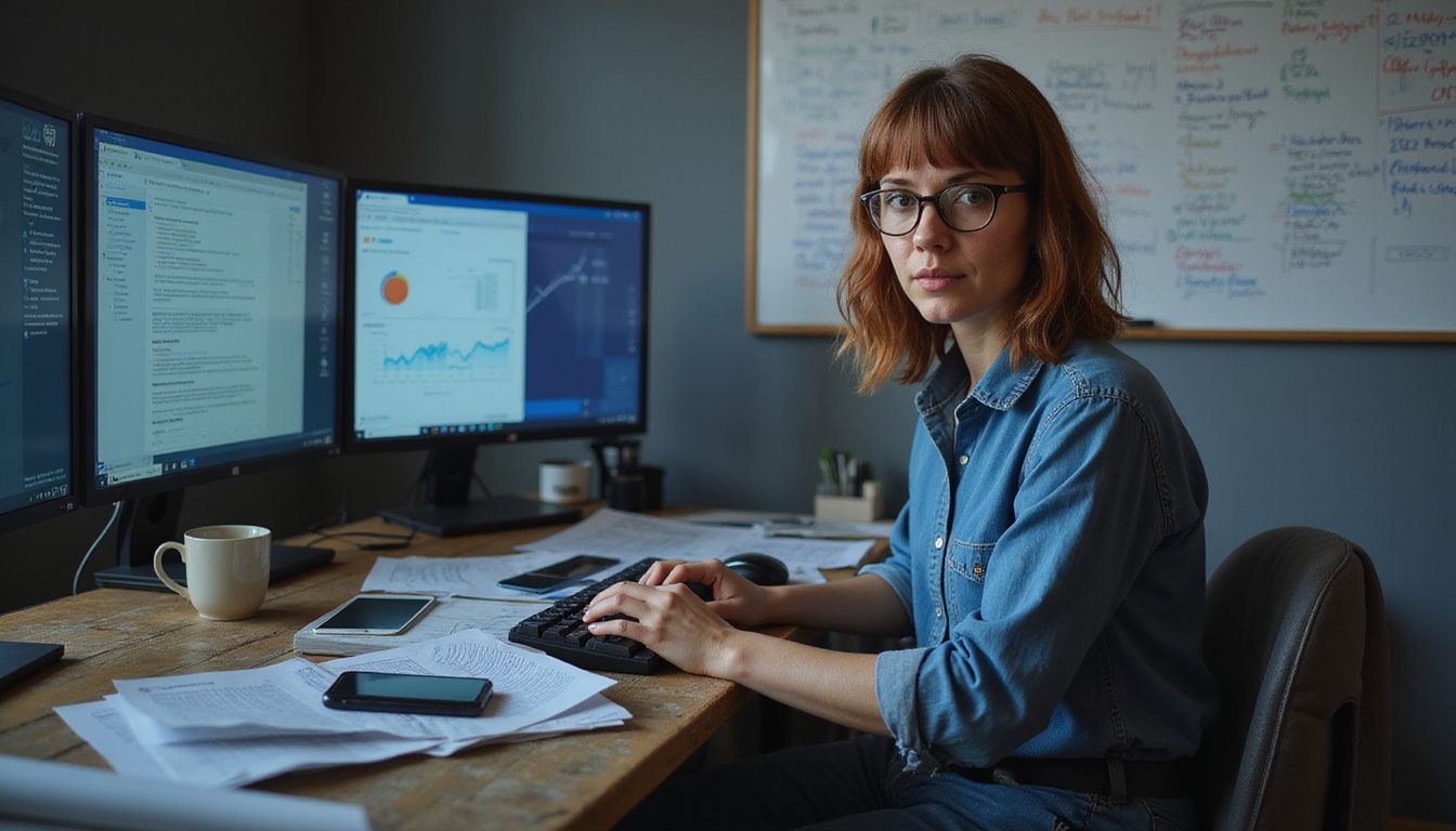 A woman works intently at her cluttered office desk.
