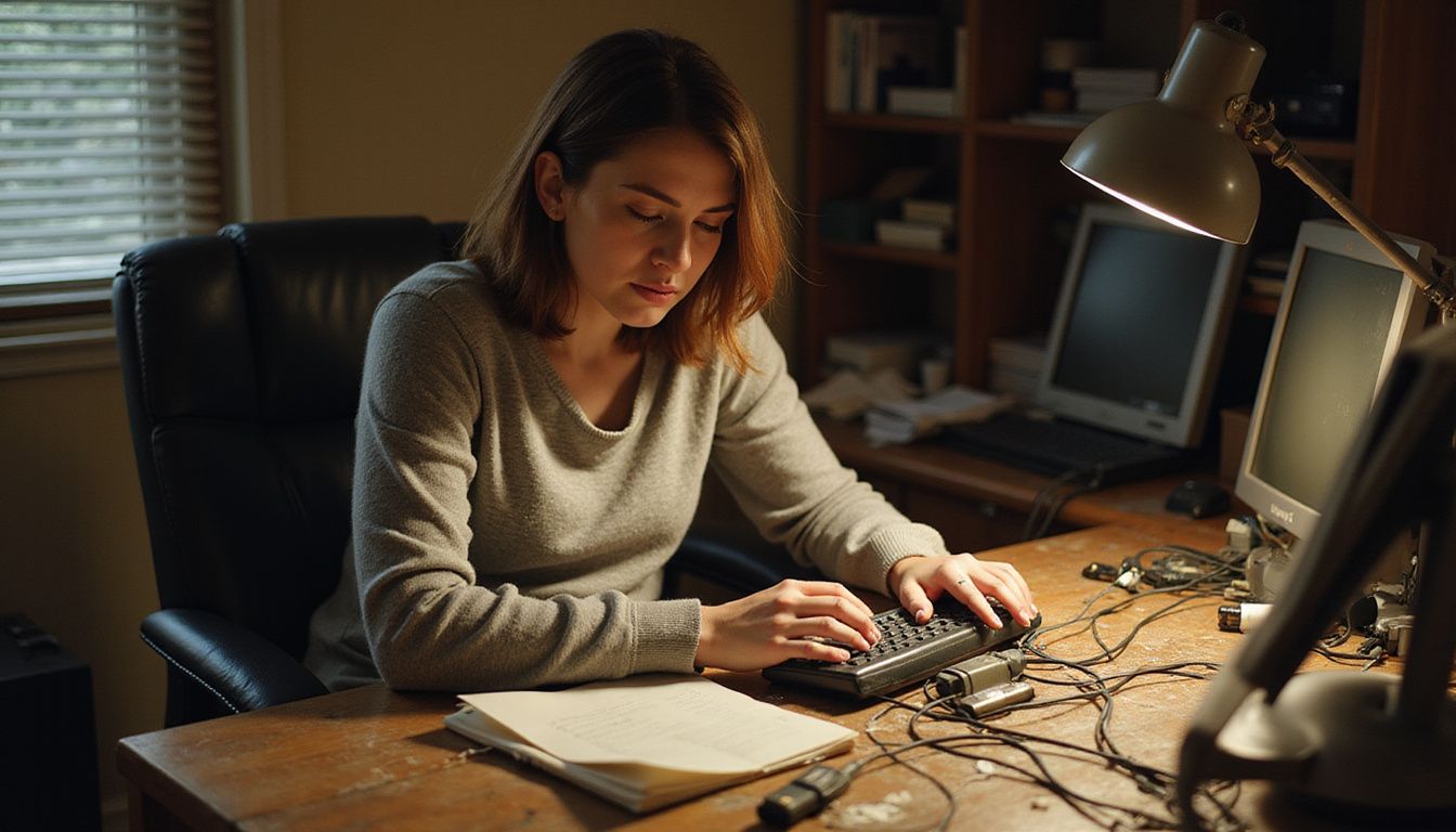 A frustrated woman struggles with technical issues at her cluttered desk.