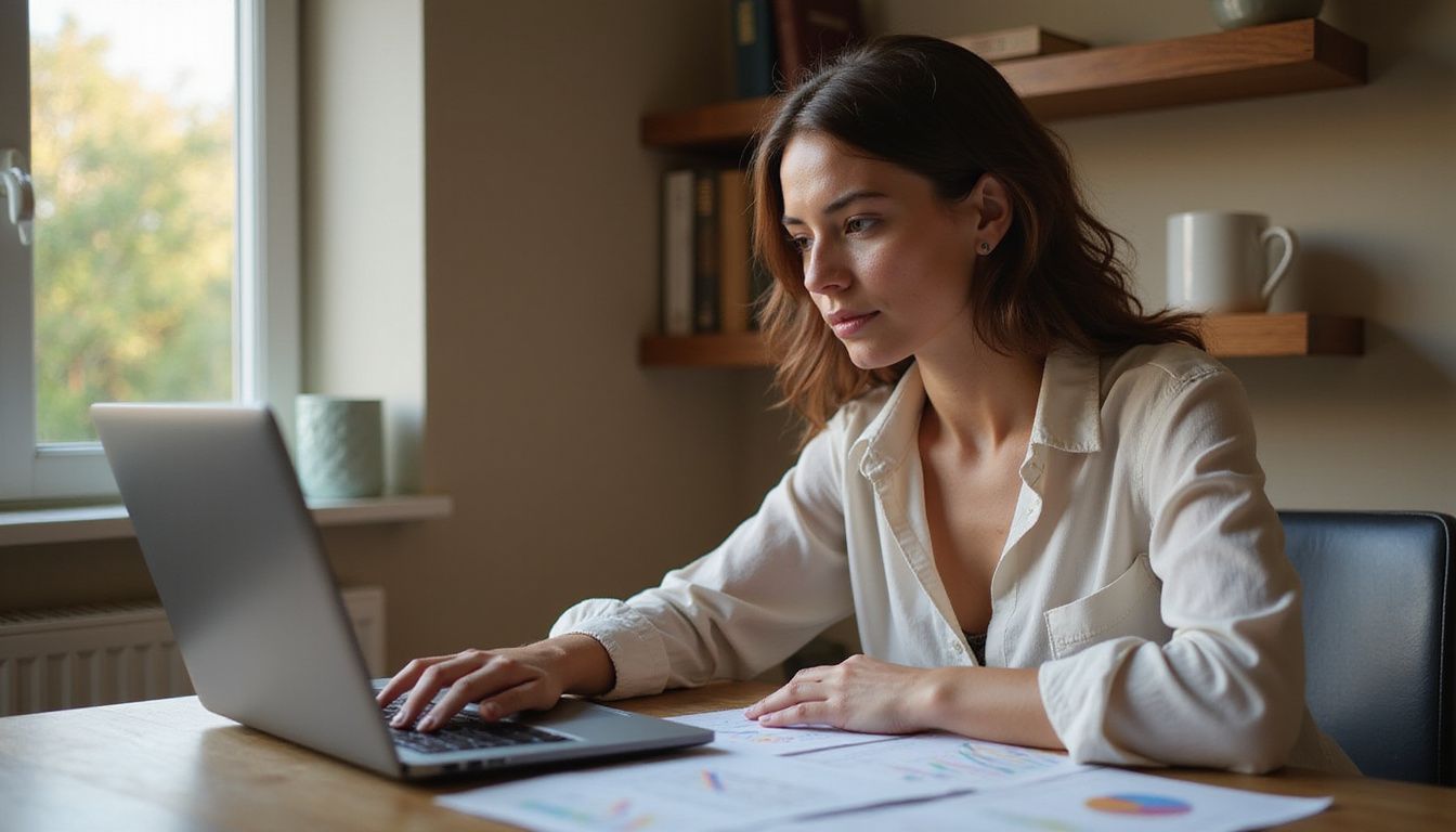 A focused woman works at a wooden desk with detailed spreadsheets.